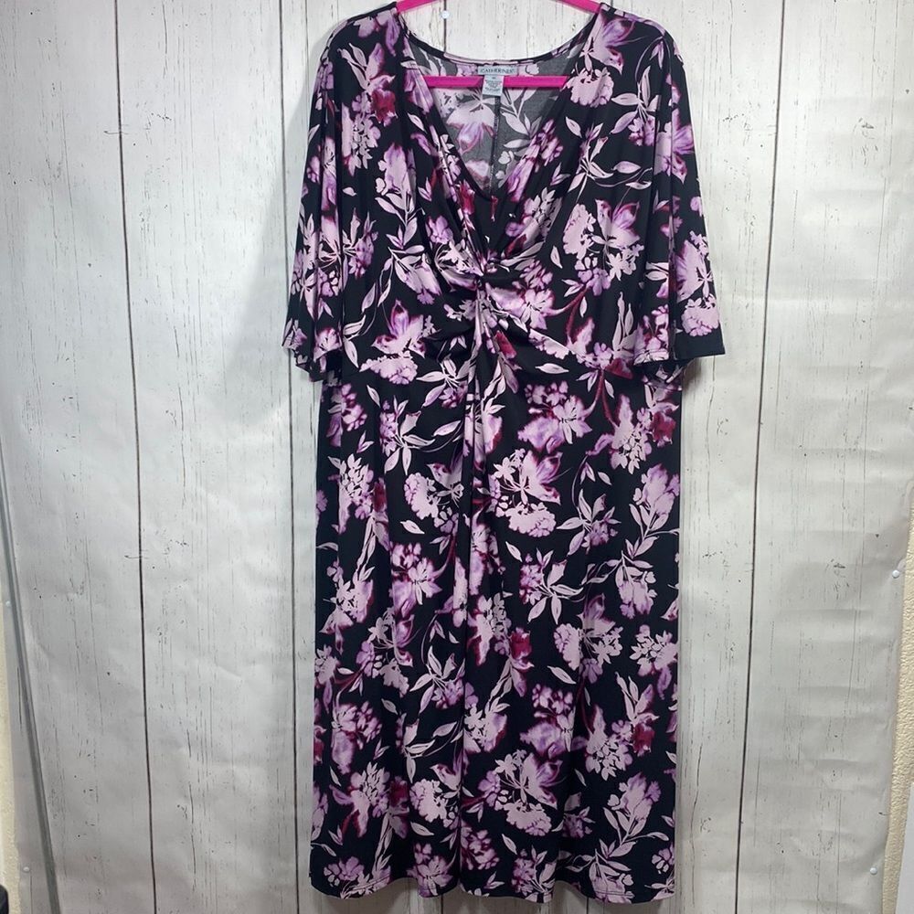 Catherines Plus Size 4X Floral Twist Front Dress Black Purple Stretch Romantic